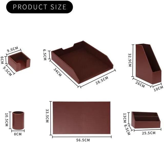 Alt view image 4 of 6 - Office Supplies PU Leather 6-Piece Desk Organizer with Writing Pad, Letter Tray, File Folder Sorter, Pen Cup, Note Holder, Business Card Holder - Brown