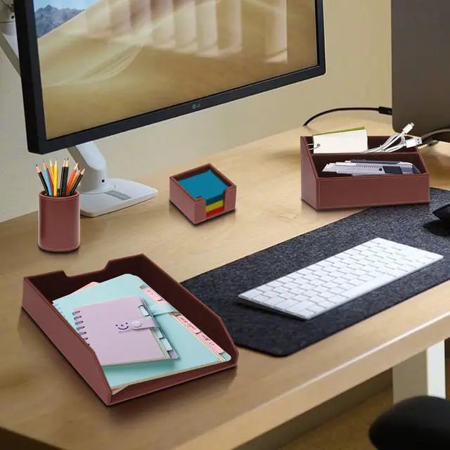 Alt view image 6 of 6 - Office Supplies PU Leather 6-Piece Desk Organizer with Writing Pad, Letter Tray, File Folder Sorter, Pen Cup, Note Holder, Business Card Holder - Brown