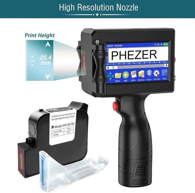 Alt view image 2 of 6 - 1inch/25.4mm Handheld Inkjet Printer with 72ml Quick Dry Ink Cartridge, Portable Printer Gun for for Text/Barcode/Logo/QRCode/Counter/Batch NO/Date (Model P15-1N with Suitcase)