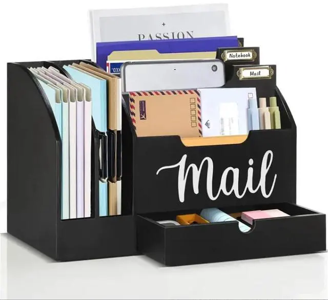 Main image of Wood Desk Organizer, Mail Organizer Countertop with Drawer, Black | Fantasyon Desktop Mail Organizer with 6 Compartments, Wood Desk Drawer Organizer for File Letter Paper Folder