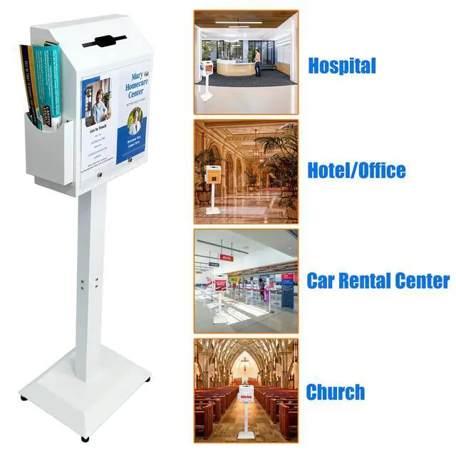 Alt view image 2 of 6 - Suggestion Box with Stand,Floor Standing Offering Box,Metal Locking Ballot Collection Safe Box for Voting,Charity,Donation,Church,Election,Hospital Feedback and Car Rental Key Return, White
