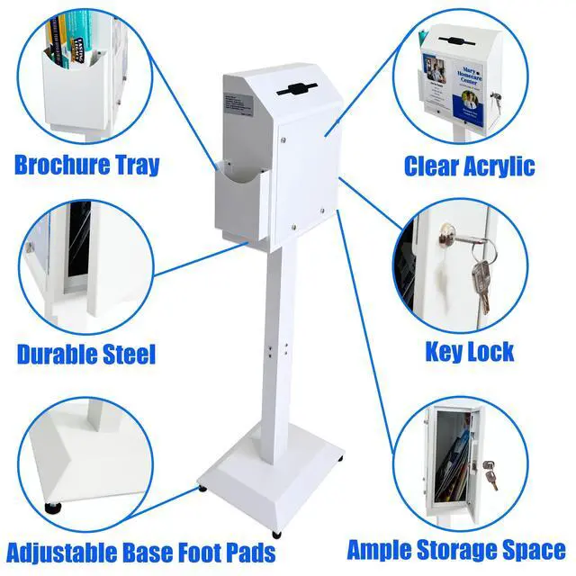 Alt view image 5 of 6 - Suggestion Box with Stand,Floor Standing Offering Box,Metal Locking Ballot Collection Safe Box for Voting,Charity,Donation,Church,Election,Hospital Feedback and Car Rental Key Return, White