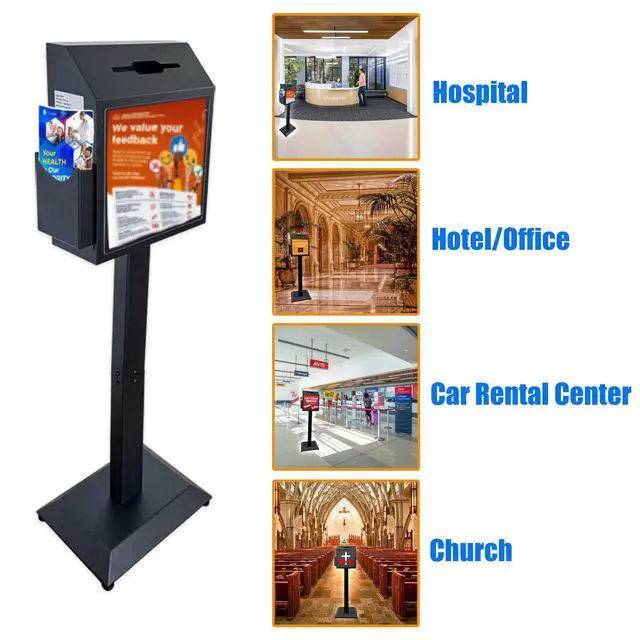 Alt view image 2 of 6 - Suggestion Box with Stand,Floor Standing Offering Box,Metal Locking Ballot Collection Safe Box for Voting,Charity,Donation,Church,Election,Hospital Feedback and Car Rental Key Return, Black