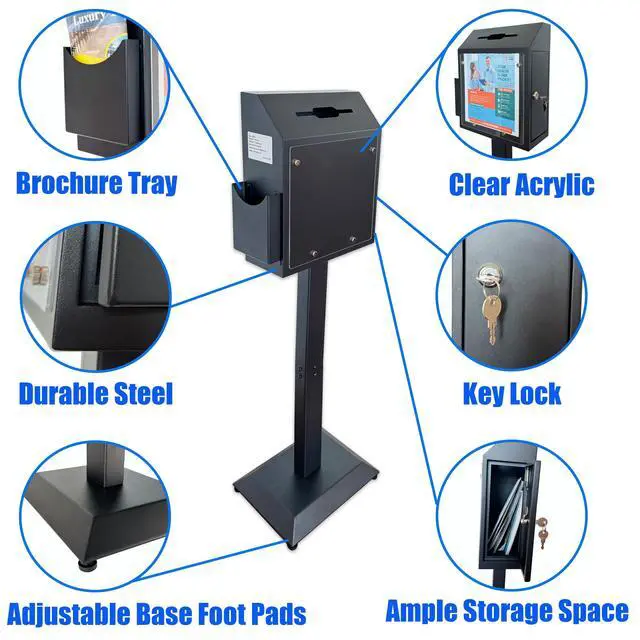 Alt view image 5 of 6 - Suggestion Box with Stand,Floor Standing Offering Box,Metal Locking Ballot Collection Safe Box for Voting,Charity,Donation,Church,Election,Hospital Feedback and Car Rental Key Return, Black