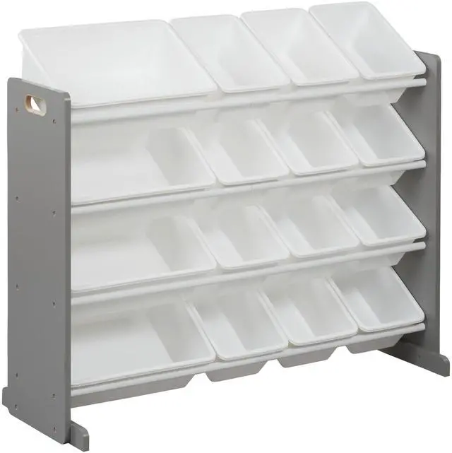 Main image of 4-Tier Organizer with 16 Removable Plastic Bins, 4x4, Toy Storage, Grey/White