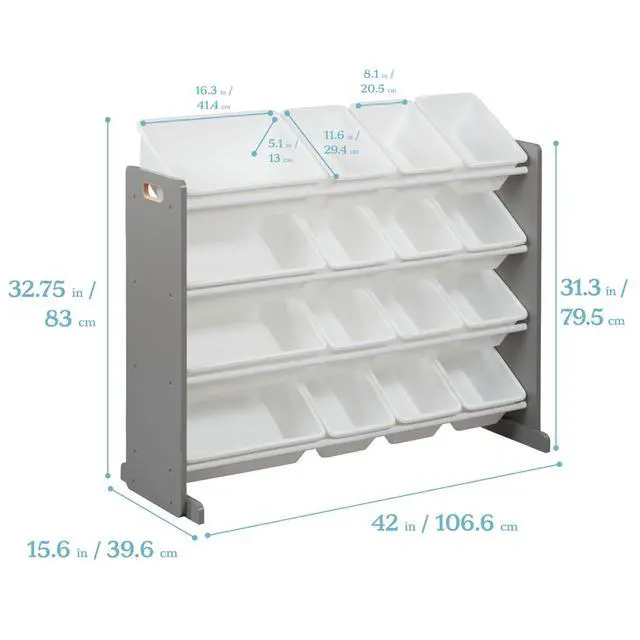 Alt view image 3 of 6 - 4-Tier Organizer with 16 Removable Plastic Bins, 4x4, Toy Storage, Grey/White