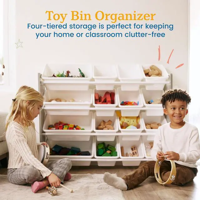 Alt view image 4 of 6 - 4-Tier Organizer with 16 Removable Plastic Bins, 4x4, Toy Storage, Grey/White