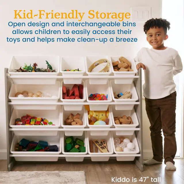 Alt view image 5 of 6 - 4-Tier Organizer with 16 Removable Plastic Bins, 4x4, Toy Storage, Grey/White