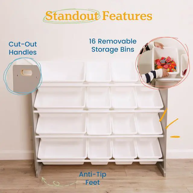 Alt view image 6 of 6 - 4-Tier Organizer with 16 Removable Plastic Bins, 4x4, Toy Storage, Grey/White