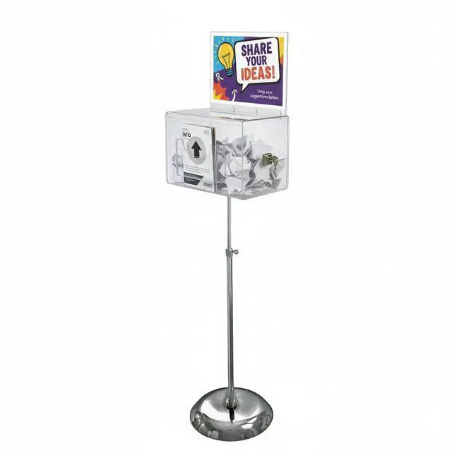 Main image of 206325-CLR Suggestion Box with Lock and Keys, Donation Box, Offering Box, Locked Display Stand, Acrylic Sign Holder on Pedestal, Clear Locking Box with Slot, 11"x 8.25"x8.25"