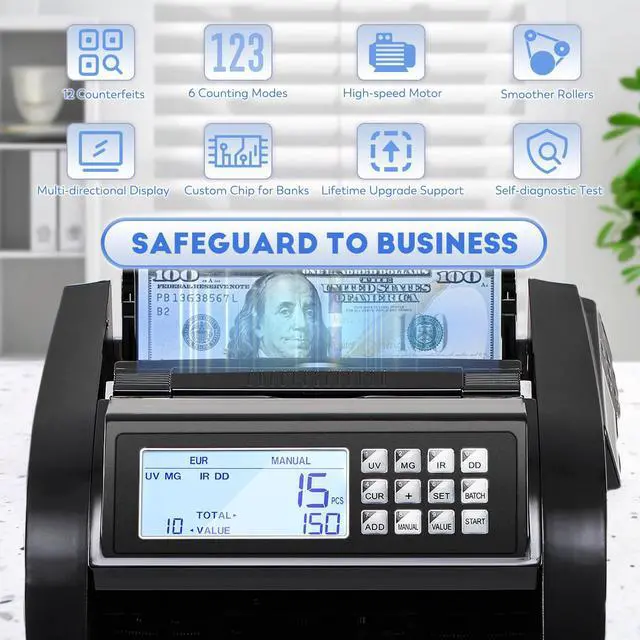 Alt view image 2 of 6 - Money Counter Machine with Value Count,4" LED Display,Cash Counter for Dollar/Euro with UV/MG/IR/DD Detection, Bill Counting with Count/Add/Batch/Auto Modes,Bill Counter Fast Counting 1,200/Min