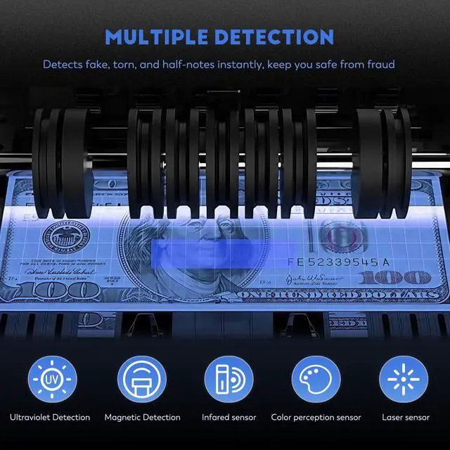 Alt view image 3 of 6 - Money Counter Machine with Value Count,4" LED Display,Cash Counter for Dollar/Euro with UV/MG/IR/DD Detection, Bill Counting with Count/Add/Batch/Auto Modes,Bill Counter Fast Counting 1,200/Min