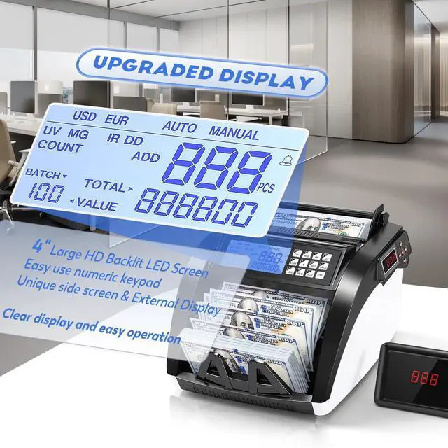 Alt view image 5 of 6 - Money Counter Machine with Value Count,4" LED Display,Cash Counter for Dollar/Euro with UV/MG/IR/DD Detection, Bill Counting with Count/Add/Batch/Auto Modes,Bill Counter Fast Counting 1,200/Min