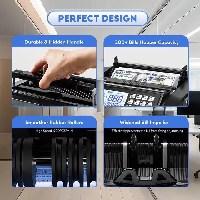 Alt view image 6 of 6 - Money Counter Machine with Value Count,4" LED Display,Cash Counter for Dollar/Euro with UV/MG/IR/DD Detection, Bill Counting with Count/Add/Batch/Auto Modes,Bill Counter Fast Counting 1,200/Min