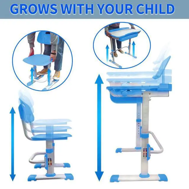 Alt view image 4 of 6 - Kids Desk and Chair Set,Height Adjustable,Spacious Storage Drawer | with Adjustable Tilted Desktop, Bookstand, Touch Led Lamp for School Student (blue set)