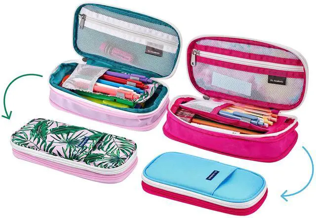 Main image of Expanding Pencil Case, Portable Pouch for Office & School Supplies, Travel Organizer Bag, Compact, High Capacity, Palm Tree & Watercolor Design, 2-Pack