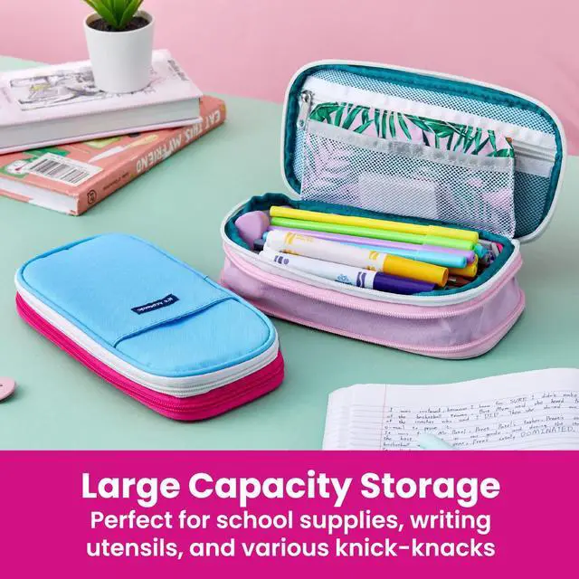 Alt view image 2 of 6 - Expanding Pencil Case, Portable Pouch for Office & School Supplies, Travel Organizer Bag, Compact, High Capacity, Palm Tree & Watercolor Design, 2-Pack