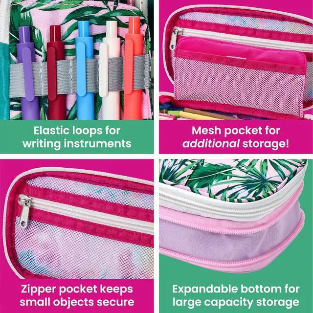Alt view image 3 of 6 - Expanding Pencil Case, Portable Pouch for Office & School Supplies, Travel Organizer Bag, Compact, High Capacity, Palm Tree & Watercolor Design, 2-Pack