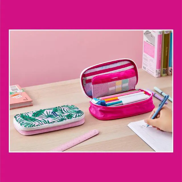 Alt view image 5 of 6 - Expanding Pencil Case, Portable Pouch for Office & School Supplies, Travel Organizer Bag, Compact, High Capacity, Palm Tree & Watercolor Design, 2-Pack