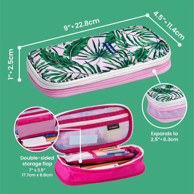 Alt view image 6 of 6 - Expanding Pencil Case, Portable Pouch for Office & School Supplies, Travel Organizer Bag, Compact, High Capacity, Palm Tree & Watercolor Design, 2-Pack