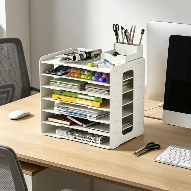 Alt view image 2 of 6 - 11x17 Construction Paper Organizer for Desk with 7 Compartments | PVC Scrapbook Storage Rack Stackable Paper Tray File Holder Mail Letter Sorter Document Organizer for Office, School & Home