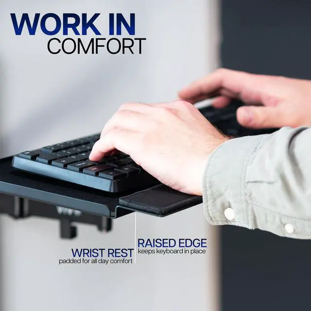 Alt view image 6 of 6 - 26 Inch Keyboard and Mouse Tray Wall Mount with Wrist Pad, Tilt and Rotation, Standing Workstation Accessory for Ergonomic Typing, Black, Mount-WALLKB