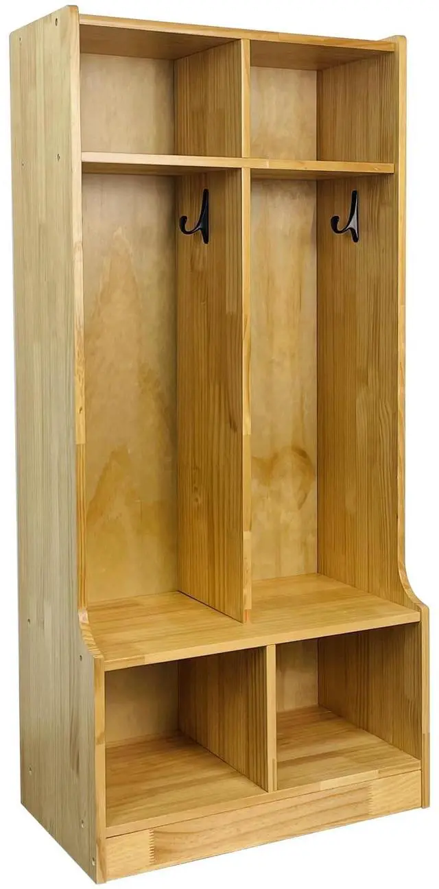 Main image of Kid's Coat Locker with Bench - 2-Section Toddler-Sized Natural Kids Furniture for Organized Storage