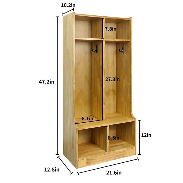 Alt view image 2 of 6 - Kid's Coat Locker with Bench - 2-Section Toddler-Sized Natural Kids Furniture for Organized Storage