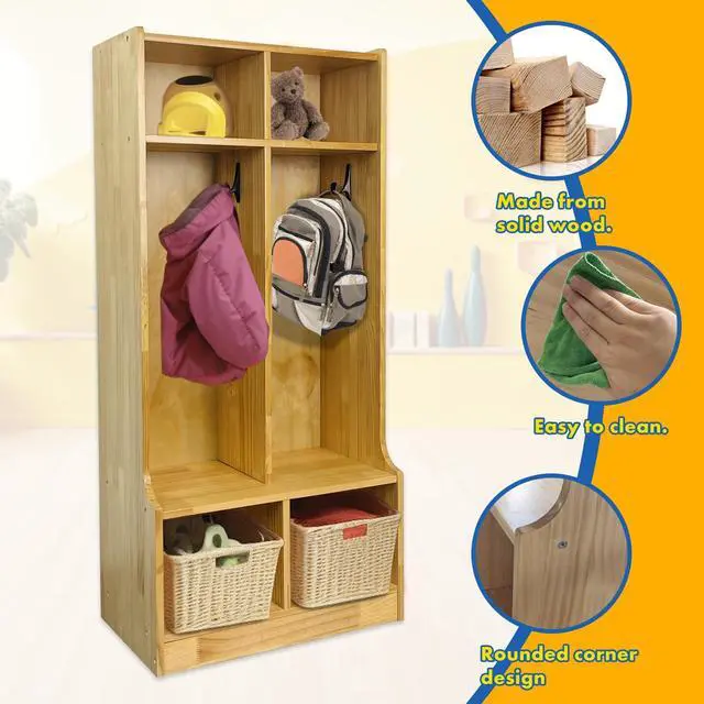 Alt view image 3 of 6 - Kid's Coat Locker with Bench - 2-Section Toddler-Sized Natural Kids Furniture for Organized Storage