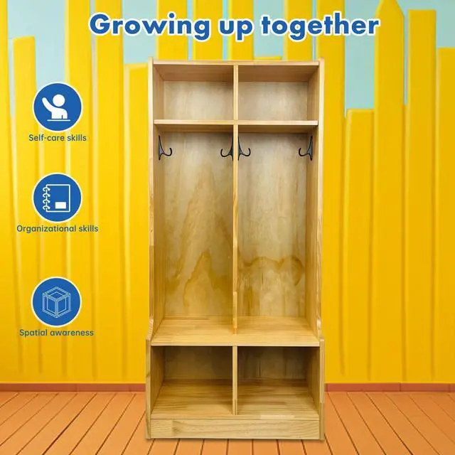 Alt view image 4 of 6 - Kid's Coat Locker with Bench - 2-Section Toddler-Sized Natural Kids Furniture for Organized Storage