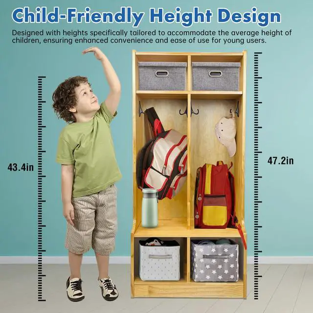 Alt view image 5 of 6 - Kid's Coat Locker with Bench - 2-Section Toddler-Sized Natural Kids Furniture for Organized Storage