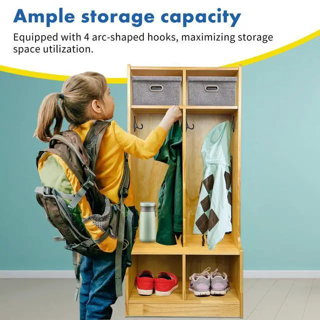 Alt view image 6 of 6 - Kid's Coat Locker with Bench - 2-Section Toddler-Sized Natural Kids Furniture for Organized Storage