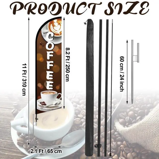 Alt view image 2 of 6 - 2 Pcs 11 ft Coffee Feather Flag Coffee Advertising Swooper Banner with Pole and Ground Stake Windless Shop Sign Tall for Outdoor Business Advertising