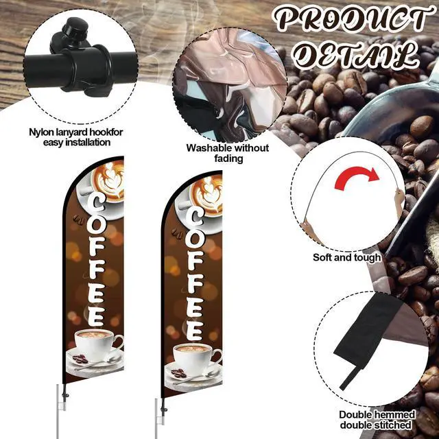 Alt view image 3 of 6 - 2 Pcs 11 ft Coffee Feather Flag Coffee Advertising Swooper Banner with Pole and Ground Stake Windless Shop Sign Tall for Outdoor Business Advertising