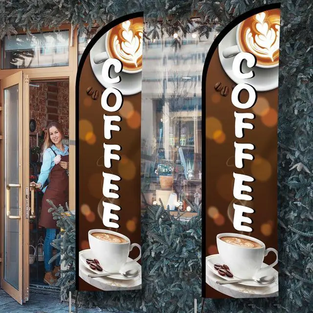 Alt view image 6 of 6 - 2 Pcs 11 ft Coffee Feather Flag Coffee Advertising Swooper Banner with Pole and Ground Stake Windless Shop Sign Tall for Outdoor Business Advertising