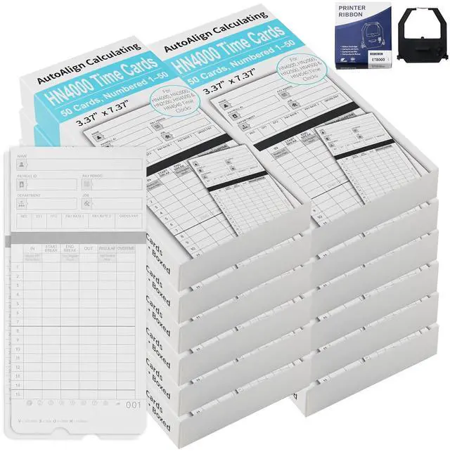 Main image of 600 Time Cards Includes 2 Replacement Ink Ribbons for HN4000 Employee Time Clocks Compatible with uPunch HN4000,HN2000, HN2500, HN4500 Pre-Punched, Cards Numbered 150