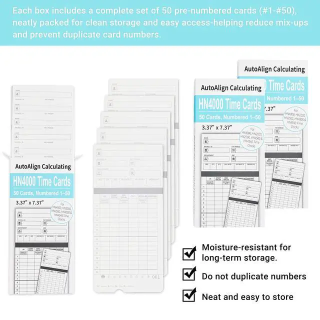 Alt view image 2 of 6 - 600 Time Cards Includes 2 Replacement Ink Ribbons for HN4000 Employee Time Clocks Compatible with uPunch HN4000,HN2000, HN2500, HN4500 Pre-Punched, Cards Numbered 150