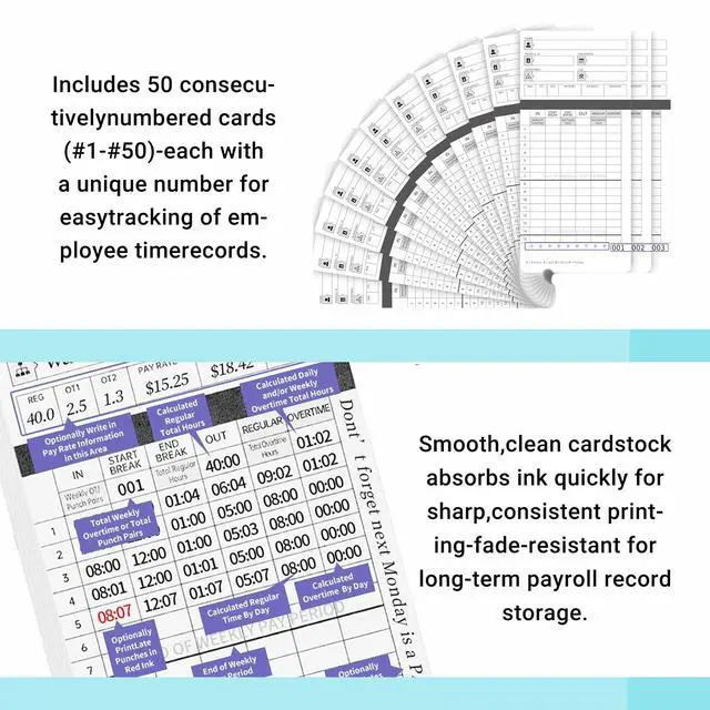 Alt view image 3 of 6 - 600 Time Cards Includes 2 Replacement Ink Ribbons for HN4000 Employee Time Clocks Compatible with uPunch HN4000,HN2000, HN2500, HN4500 Pre-Punched, Cards Numbered 150