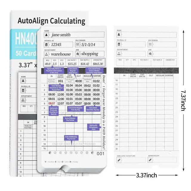 Alt view image 4 of 6 - 600 Time Cards Includes 2 Replacement Ink Ribbons for HN4000 Employee Time Clocks Compatible with uPunch HN4000,HN2000, HN2500, HN4500 Pre-Punched, Cards Numbered 150