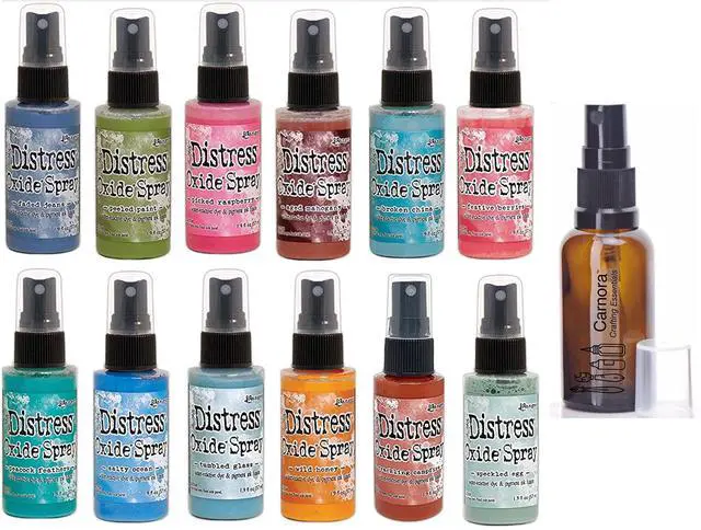 Main image of Tim Holtz Distress Oxide Sprays, 12 Colors, Carnora Amber Bottle | Includes Speckled Egg, Crackling Campfire, Broken China, Faded Jeans, Salty Ocean, 7 More + Carnora Amber Spray Bottle