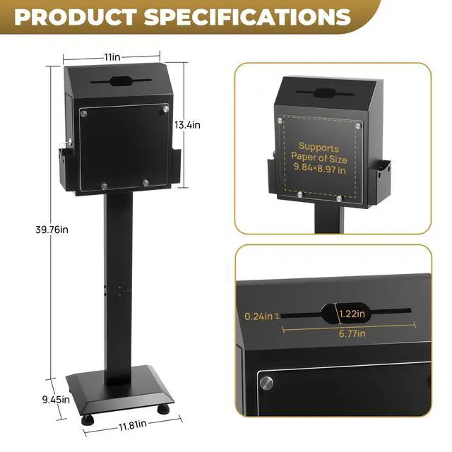 Alt view image 2 of 6 - Floor Standing Suggestion Box with Sign Display Lockable Metal Box | Offering Box with Slot, Lock, Side Trays and Locking Casters for Office,Voting Charity Donation Election,Church Donation Box