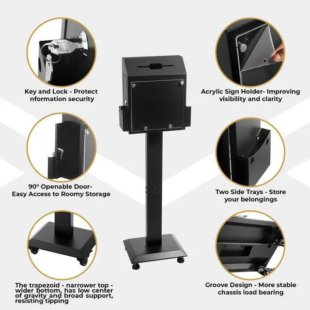 Alt view image 3 of 6 - Floor Standing Suggestion Box with Sign Display Lockable Metal Box | Offering Box with Slot, Lock, Side Trays and Locking Casters for Office,Voting Charity Donation Election,Church Donation Box