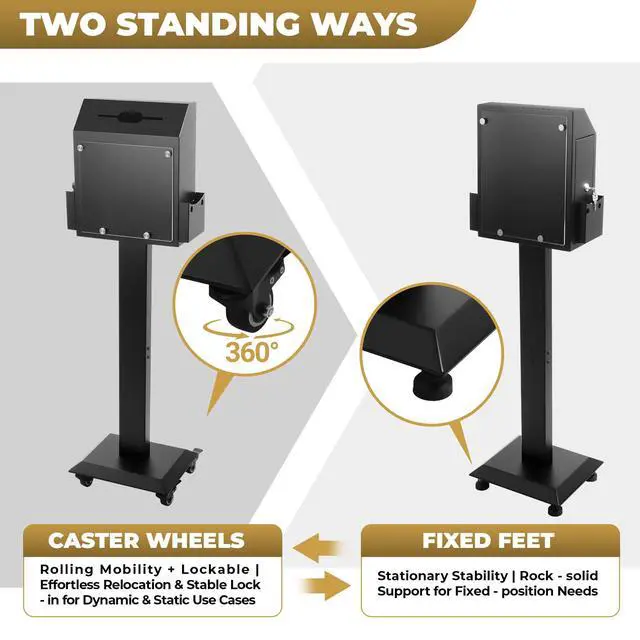 Alt view image 4 of 6 - Floor Standing Suggestion Box with Sign Display Lockable Metal Box | Offering Box with Slot, Lock, Side Trays and Locking Casters for Office,Voting Charity Donation Election,Church Donation Box