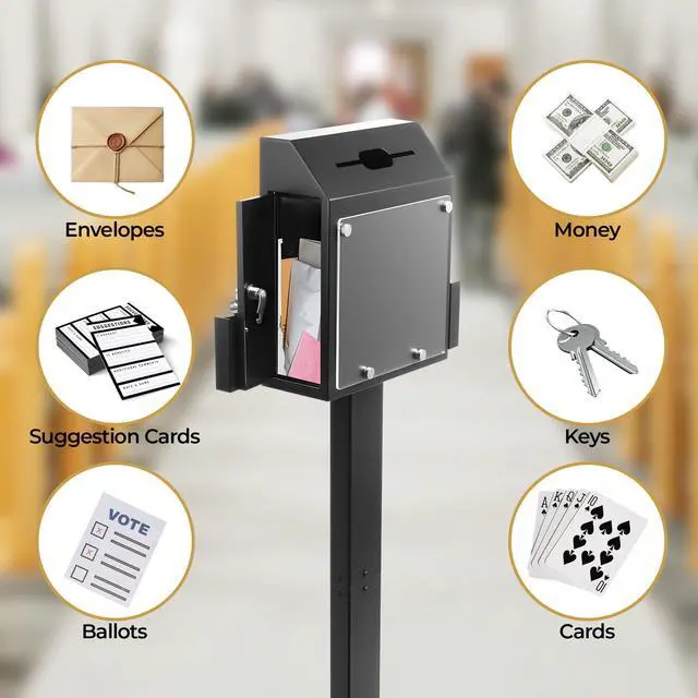 Alt view image 6 of 6 - Floor Standing Suggestion Box with Sign Display Lockable Metal Box | Offering Box with Slot, Lock, Side Trays and Locking Casters for Office,Voting Charity Donation Election,Church Donation Box