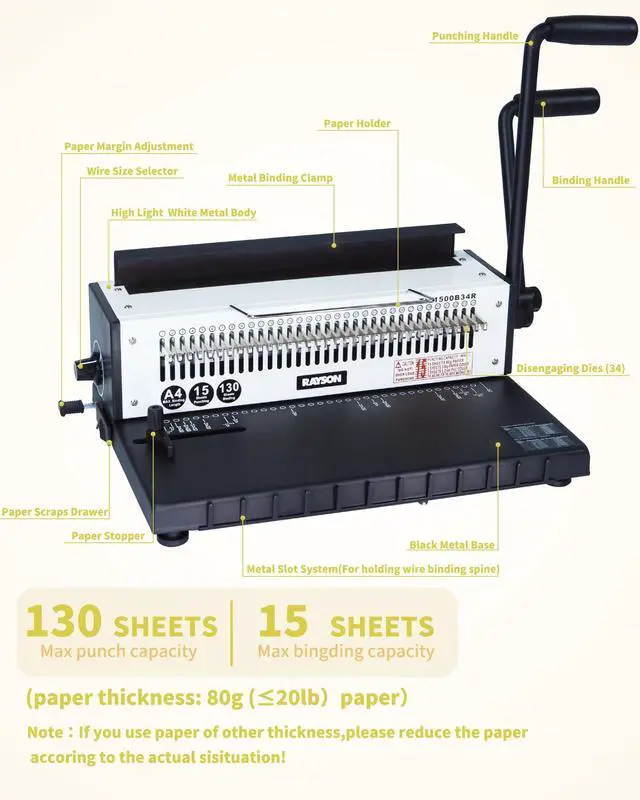 Alt view image 2 of 6 - TD-1500B34R 3:1 Wire Binder, 15-Sheet Punch, 130-Sheet Capacity | Wire binding machine with 34 fully disengageable round-hole punch pins for custom hole patterns on A4 and Letter sheets