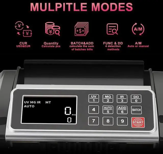 Alt view image 4 of 6 - Money Counter, Cash Counter Machine with Value Count,Cash Counter for Dollar, Euro with UV/MG/IR/DD Counterfeit Detection, Add/Bat/Value Mode Bill Counting Machine with Large LCD Display
