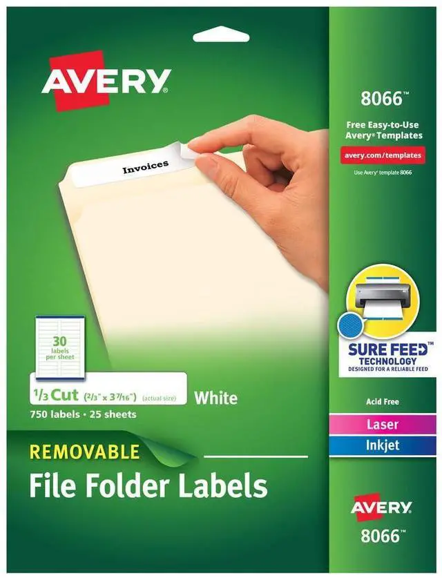 Main image of Removable File Folder Labels, Sure Feed Technology, 2/3" x 3-7/16", 5 Packs, 3,750 Printable Labels (8066)
