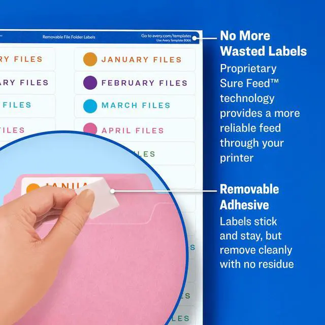 Alt view image 3 of 6 - Removable File Folder Labels, Sure Feed Technology, 2/3" x 3-7/16", 5 Packs, 3,750 Printable Labels (8066)