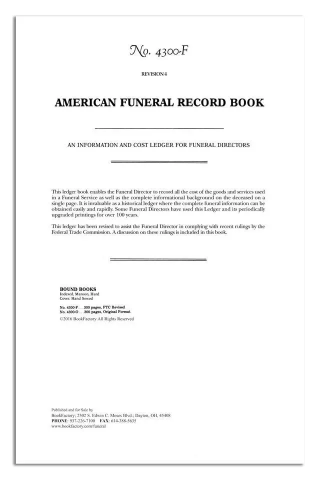 Alt view image 3 of 6 - American Funeral Record Book/Funeral Home Log Book - F.J. Feineman Co. 4300-F Version 336 Pages Burgundy Cover Section Sewn Hardbound 8 7/8'' x 13 1/2'' (Made in USA)