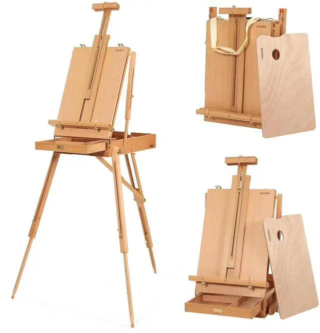 Main image of French Easel for Painting with Palette, Shoulder Strap & Storage, Adjustable Beech Wood Travel Art Easel Stand, Portable Sketchebox Plein-Air Easel for Adults, Artists, Table Top & Floor Use